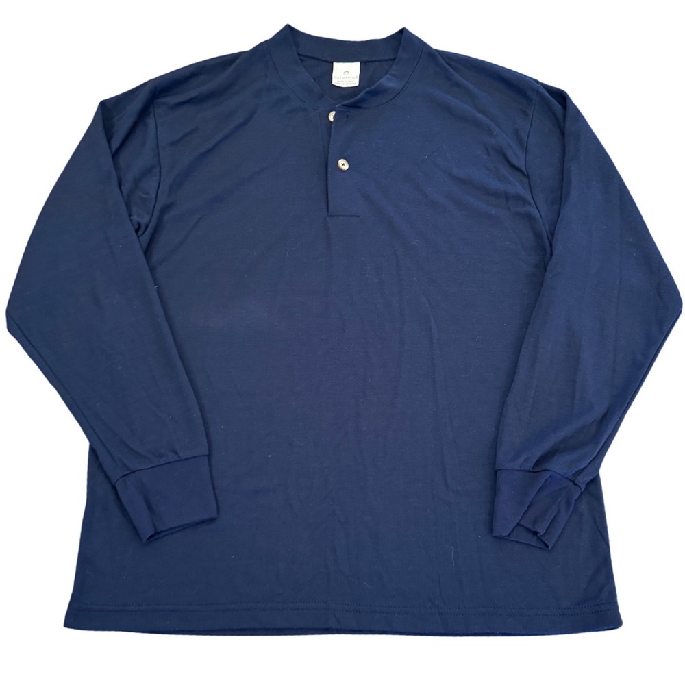 Polarmax Mens Henley Shirt Navy Blue Long Sleeve Polyester Made in USA Large